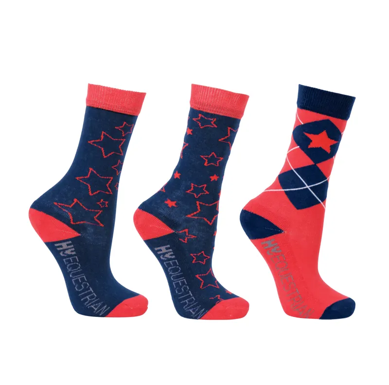 Hy Equestrian Stella Children's Socks - 3 Pack - Navy/Red